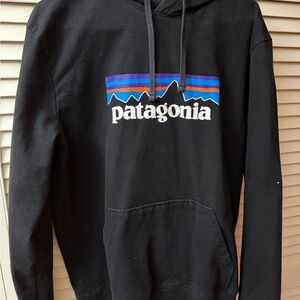 Patagonia Black Hoodie with Blue and Red Accents